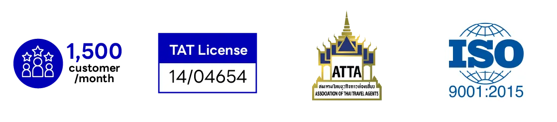 ลูกค้ากว่า 1,500 คนต่อเดือน · ใบอนุญาต TAT เลขที่ 14/04654 · สมาชิก ATTA · มาตรฐาน ISO 9001:2015